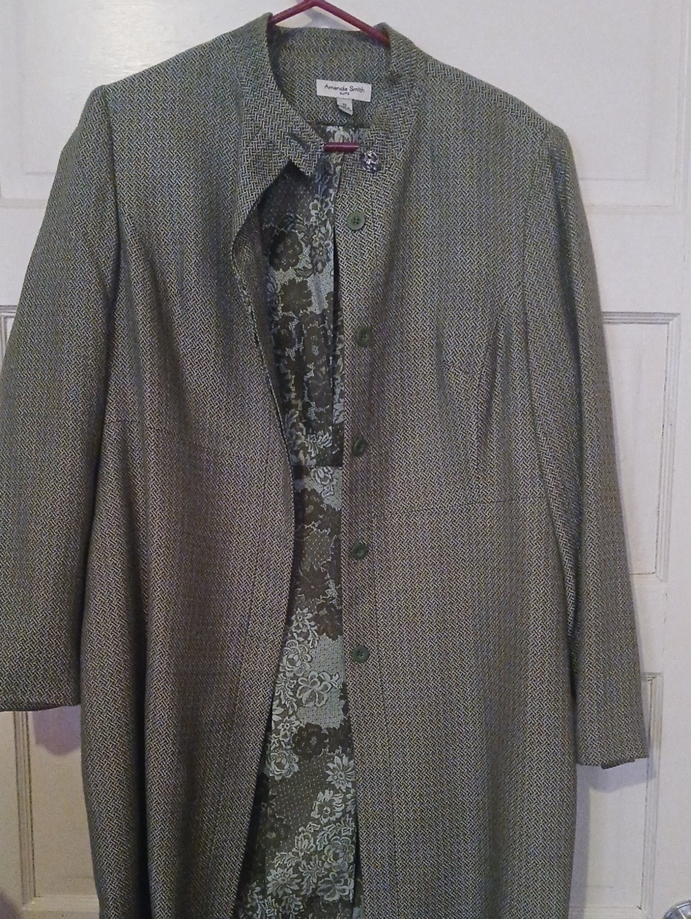 Annabelle Olive Green Herringbone Collarless Trench Coat